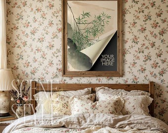 Picture Frame Mockup PSD, Dark Wood Frame, Cottagecore Floral Bedroom, 5x7 8x10 A4, Smart Object, Grandmillennial Mockup, Digital Download