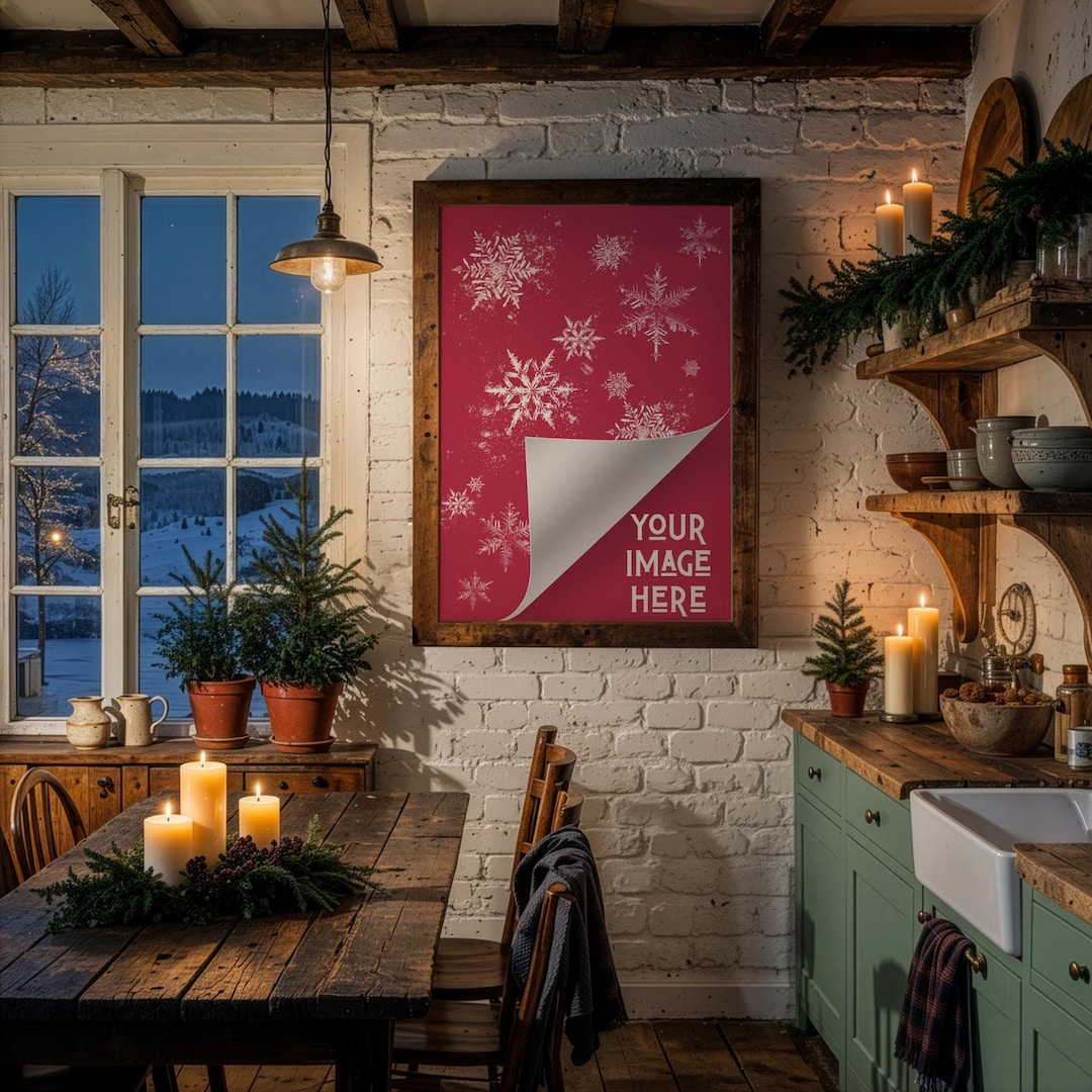 Winter Farmhouse Kitchen Mockup PSD | Rustic Brick Walls Snowy Evening ...