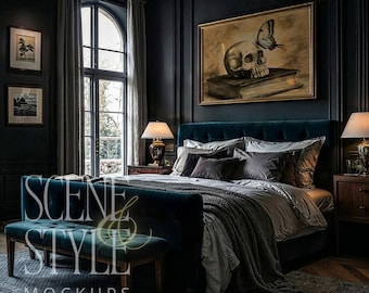 Gothic Bedroom Frame Mockup PSD Dark Teal Velvet Horizontal Gold Frame Mat Options | 195