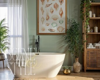 Sage Green Spa Bathroom Frame Mockup PSD | Freestanding Tub Natural Wood | Vertical Wood Frame | Mat No Mat Options | 207