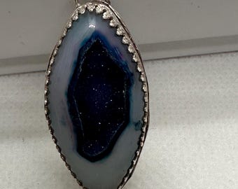 Druzy blue agate pendant set in sterling silver