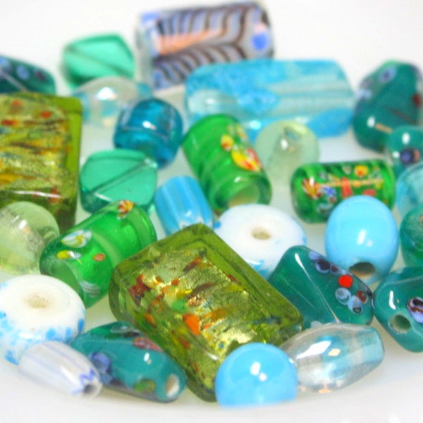 Destash  Craft Lot of   Salvaged Blue and Green Assorted Colorful  Lampwork Glass Beads