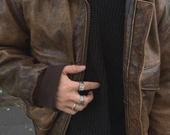 Vintage Brown Leather Bomber Jacket, Distressed Sheepskin Aviator Style