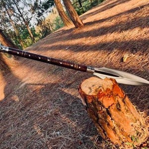 K&ouml;nnte beinhalten: Ein Speer mit polierter, silberfarbener Klinge und einem dunkelbraunen Holzschaft. Der Schaft ist mit kleinen, silberfarbenen Akzenten verziert. Der Speer liegt auf einem Baumstumpf in einer nat&uuml;rlichen Umgebung.
