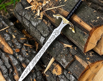 Hand-Forged Elven Sword, 5160 Steel Blade, Brass Hilt, Leather Sheath, Fantasy Collector Piece