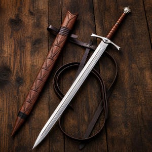 May include: A steel sword with a double-edged blade, a silver crossguard, and a brown leather-wrapped grip. Beside it lies a matching brown wooden scabbard featuring carved triangular patterns and a dark brown leather belt strap for carrying.