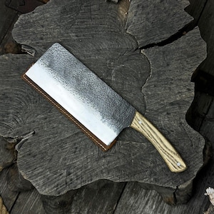 Handmade Kitchen Cleaver – 5160 Steel Blade, Ash Wood Handle, Leather Sheath