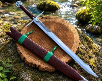 Handcrafted Falchion Sword with Decorative Scabbard, Rosewood Handle, Leather Wrapped Grip, Medieval Collector Display Piece