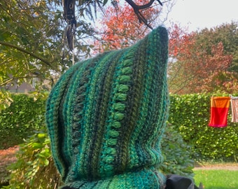 Green Pixie Balaclava, Colourful Ombre Hood, Unique Crochet Headwear, Unisex, Winter Hat, Warm Clothing