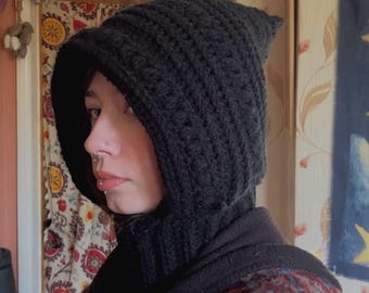 Pasamontañas de crochet negro, capucha gótica de duendecillo, gorro hippie alternativo, gorro cálido de invierno
