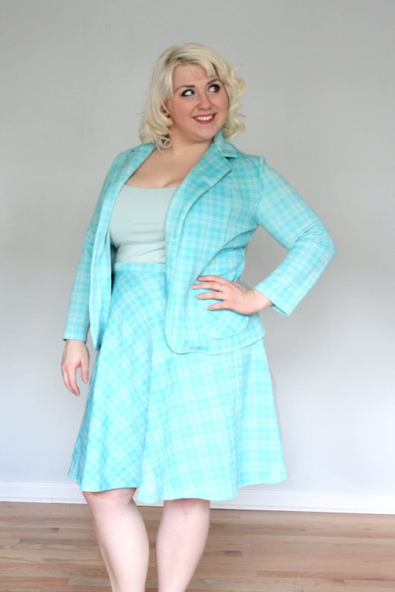 Powder Blue Plaid Vintage Suit Blazer with skirt PLUS SIZE Etsy