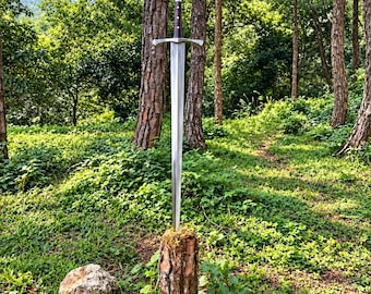May include: A long, double-edged steel sword with a pointed tip, a straight crossguard, and a dark brown handle with a silver pommel. The sword is embedded vertically into the top of a rough, mossy wooden tree stump in a forest setting.
