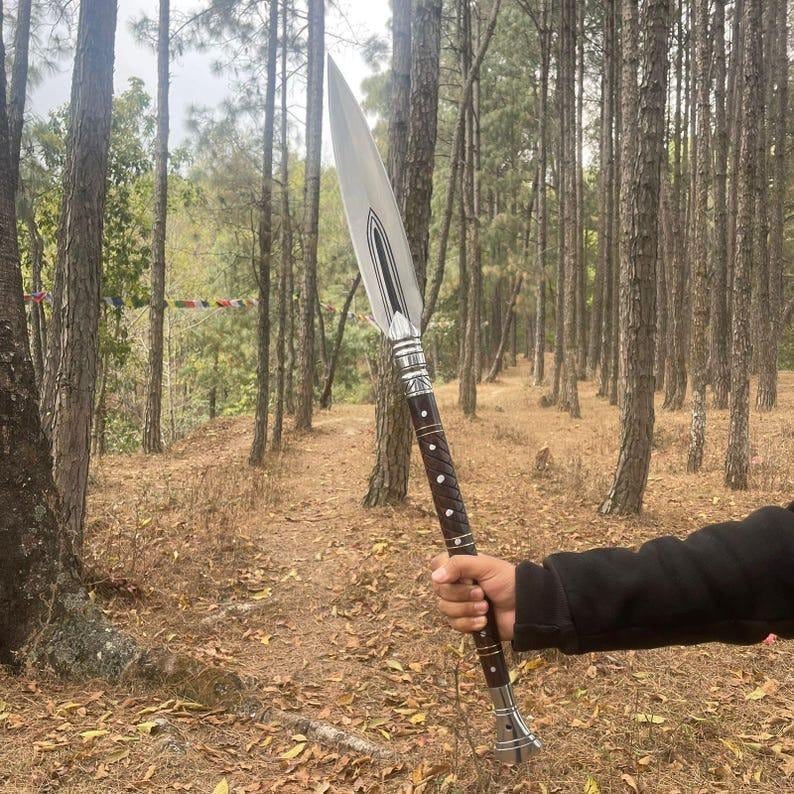 May include: A spear with a polished silver blade and a dark brown wooden handle. The handle is adorned with silver accents and white dots. The spear is held against a backdrop of a forest with tall trees and fallen leaves.