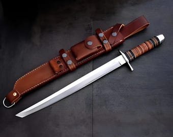Handgeschmiedetes 23-Zoll-Jagdschwert aus D2-Stahl | Funktionsfähige lange Klinge mit Scheide
