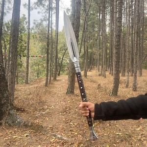 May include: A spear with a polished silver blade and a dark brown wooden handle. The handle is accented with silver bands and small white dots. The spear is held against a backdrop of a forest with tall trees and fallen leaves.