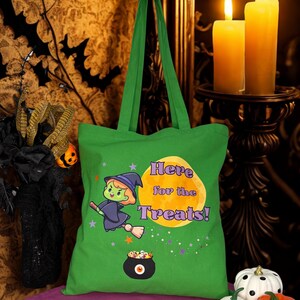Halloween Tote Bag, Witch Trick or Treat Bag, Cute Witch Treat Bag for Kids, Halloween Gift Tote Bag, Here for the Treats Tote Bag
