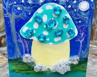 Enchanted Mushroom Canvas Painting, Hand Painted with Gemstone and glitter Embellishments 6x6x2 inch mini, home decor, one of a kind