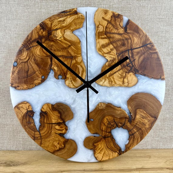 Rustic Olive Wood & White Resin Wall Clock – Handmade Epoxy Timepiece, Modern Farmhouse Home Decor