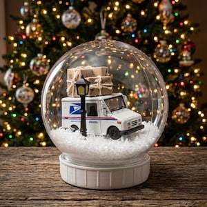 Puede incluir: Una bola de nieve de cristal transparente que contiene un camión de reparto postal estadounidense en miniatura de color blanco con paquetes en el techo y una farola negra, sobre una base de nieve blanca.