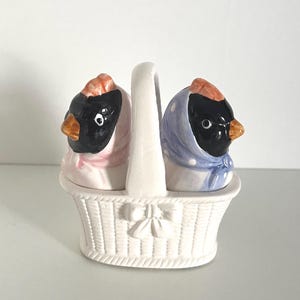 May include: A ceramic salt and pepper shaker set featuring two bird-shaped shakers in a white basket with a handle. One bird wears a pink scarf, the other a blue scarf. The birds have black faces and orange beaks.