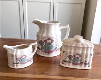 Vintage Country Cats Ceramic Table Set, Pitcher, Creamer and Napkin Holder By Traditions, Kitsch