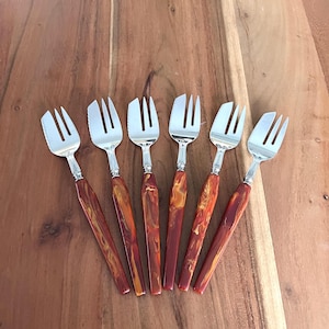 Vintage Flatware, Glo-Hill Bakelite Tortoiseshell Forks, Set of 6 Dessert/Cocktail