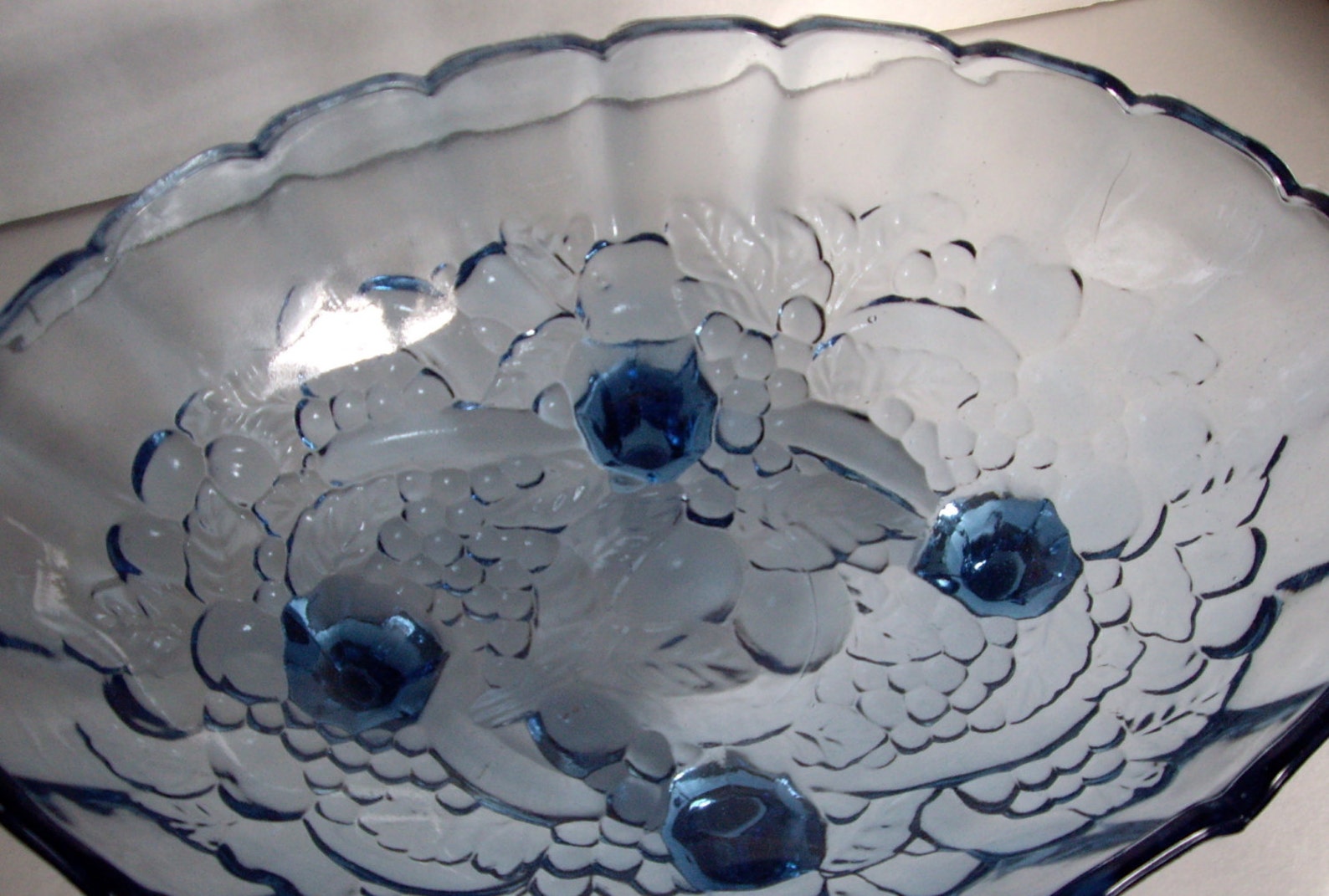 Blue Indiana Footed Glass Serving Bowl Pressed Fruit Design Etsy Norway