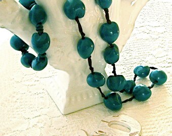 Clunky Chunky Wooden Bead Necklace and  Bracelet Deep Turquoise Hand tied Black Satin Ribbon