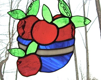 Farmhouse Bowl of Apples Stained glass sun catcher  OOAK