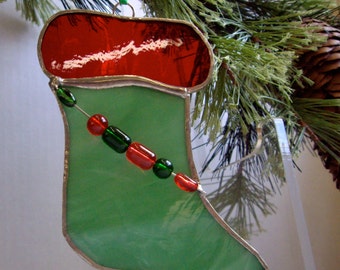 Stained glass Christmas stocking sun catcher tree ornament