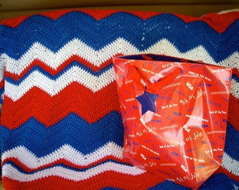 Vintage Patriotic/ Fourth of July/ Fireworks/ handmade Afghan Red White and Blue 1990