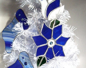 Christmas Blue Stained Glass Ornaments Suncatcher in trio set