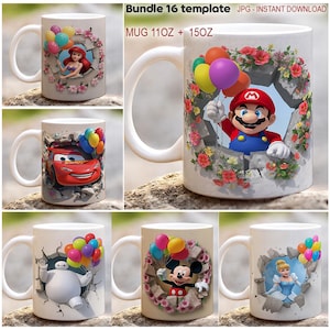 Puede incluir: Tazas de cerámica blanca con varios personajes de dibujos animados, incluyendo Ariel, Rayo McQueen, Mario, Baymax, Mickey Mouse y Cenicienta. Cada taza tiene un asa y está decorada con globos coloridos y detalles florales. Disponibles en tamaños de 11oz y 15oz.