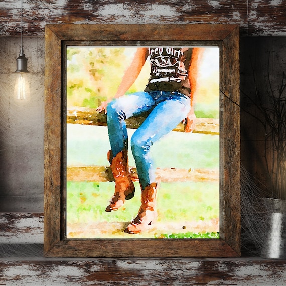 Cowgirl country boots watercolor print. Americana, farm hand, blue jeans, sitting on fence,. Patriotic print. Dogital download PNG, 8X10 Il_570xn