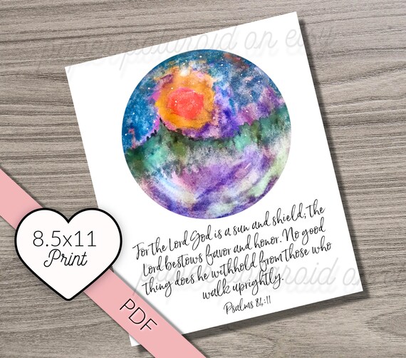 Sun and shield bible verse, watercolor print navy room, grey and blue print, purpose scripture art, art print, refuge in Him, print, Psalm Il_570xn