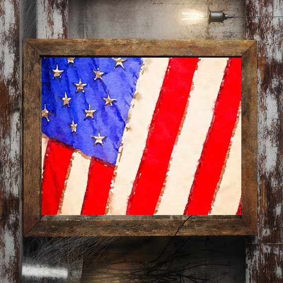 American flag watercolor print. Americana, red white and blue, fourth of july. Patriotic print. Dogital download PNG, 8X10, rustic flag, USA Il_570xn