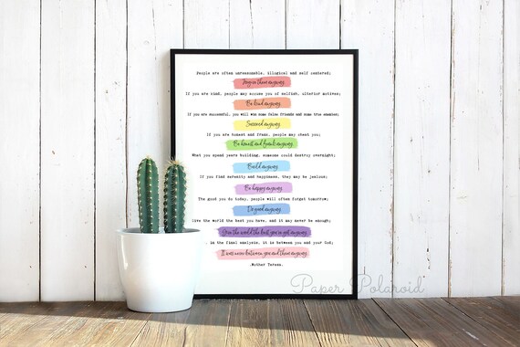 Mother Teresa do it anyway poem print,8.5x11 mission, purpose scripture art, watercolor print, mission art, rainbow, type font, charity Il_570xn