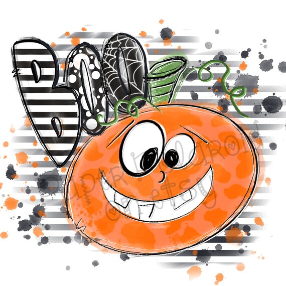 Boo Doodle Letters Sublimation PNG Design | Hand Drawn, Happy Halloween | Digital Download | Whimsical Hand painted smiling pumpkin, october Il_570xn