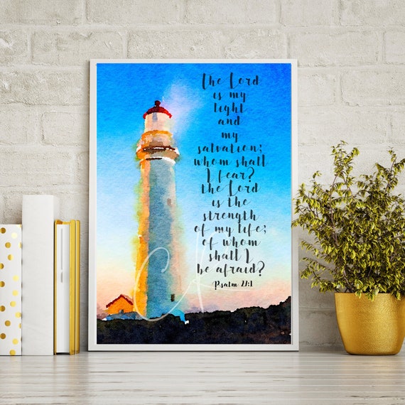 The lord is my light and salvation watercolor print PNG 6X10, bible study psalm 27:1 , no fear watercolor art, Illustration, lighthouse Il_570xn