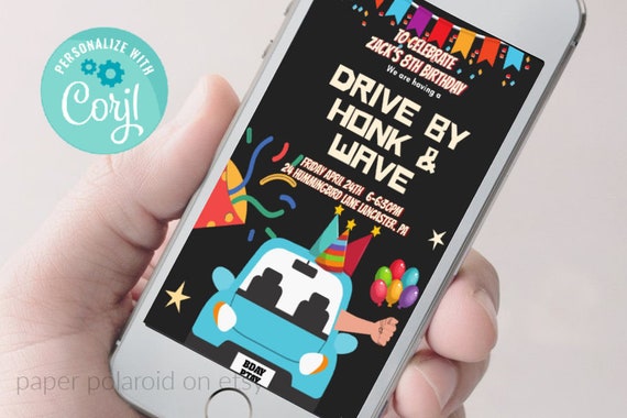 Drive By Birthday Parade Invitation, Drive By Kids Birthday Party Digital Invite, Honk, Wave Car Parade, Download, Edit PDF, Text or Email Il_570xn