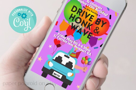 Drive By Birthday Parade Girl Invitation, Drive By Kids Birthday Party Digital Invite, Honk, Wave Parade, Download, Edit PDF, Text or Email Il_570xn