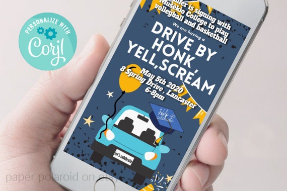 Drive By Graduation Parade diploma Invitation, Drive by grad college Party Digital Invite, Honk, Wave Parade, Download, Edit PDF, Text Email Il_570xn