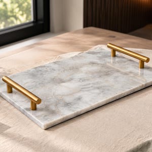 Grey Marble Tray, Gold Handle Serving Tray, Rectangular Stone Catchall, Modern Vanity Decor, Coffee Table Tray