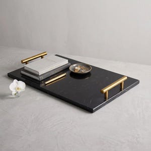 Black Marble Vanity Tray with Gold Handles, Luxury Decorative Marble Serving Tray for Coffee Table, Modern Stone Catchall, Housewarming Gift