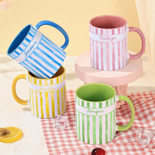 Personalised Striped Ceramic Mug, Custom Name Cup, Coquette Mug, Watercolor Coffee Mug, Custom Gift idea, Mother's Day Gift for Him Her