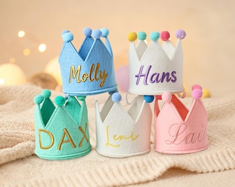 Corona de cumpleaños bordada personalizada para mascotas, sombrero de fiesta de fieltro personalizado para perros y gatos, recuerdo de primer cumpleaños, accesorio para celebrar a tu mascota.