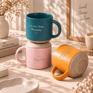 May include: A teal mug with the text I Love You Mommy and a heart, a pink mug with the text I Love You Mommy and a heart, and an orange mug with the text Thank You Mom For Your Love and a heart. Each mug has a smooth coloured top and a textured base.