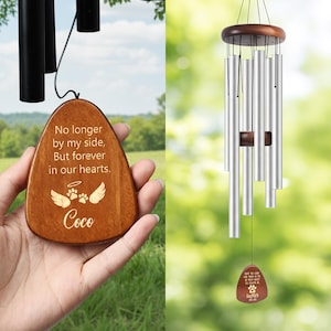 May include: A wooden wind chime with silver tubes and a brown top. The chime has a wooden pendant with the text "No longer by my side, But forever in our hearts." and the name "Coco". A second chime has the name "Harley".