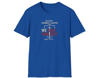 „Vertreibe Satan“-T-Shirt, Unisex-T-Shirt mit christlicher Botschaft, inspirierende Kleidung, religiöses Geschenk, Evangeliums-T-Shirt