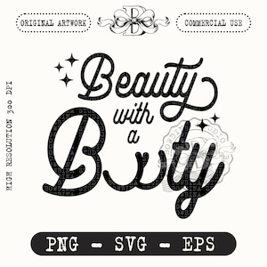 Może przedstawiać: Czarny projekt graficzny z napisem Beauty with a Bity wykonanym stylizowaną czcionką skryptową. Projekt zawiera małe czteroramienne gwiazdki, ozdobny element wstążki u góry oraz napis PNG - SVG - EPS u dołu grafiki.
